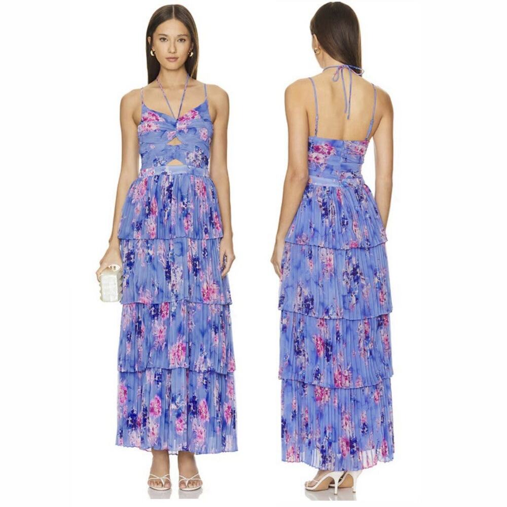 New ASTR Revolve Daytona Pleated Floral Maxi Dress Size S Small PERIWINKLE PINK